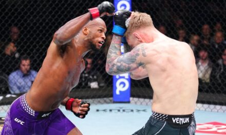 Michael ‘Venom’ Page reacts to Dana White walking out the arena during his UFC London win