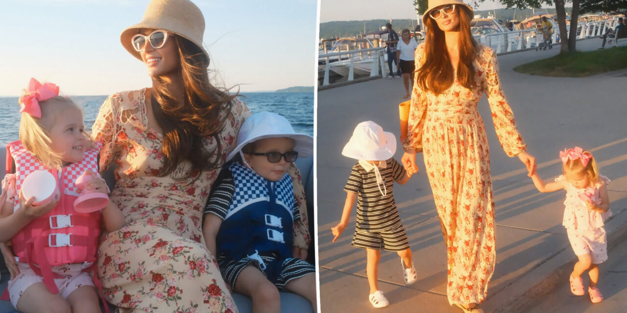 Paris Hilton shows off striking brunette look while enjoying Michigan cherry festival with her two kids