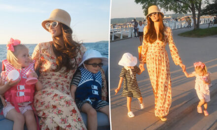 Paris Hilton shows off striking brunette look while enjoying Michigan cherry festival with her two kids