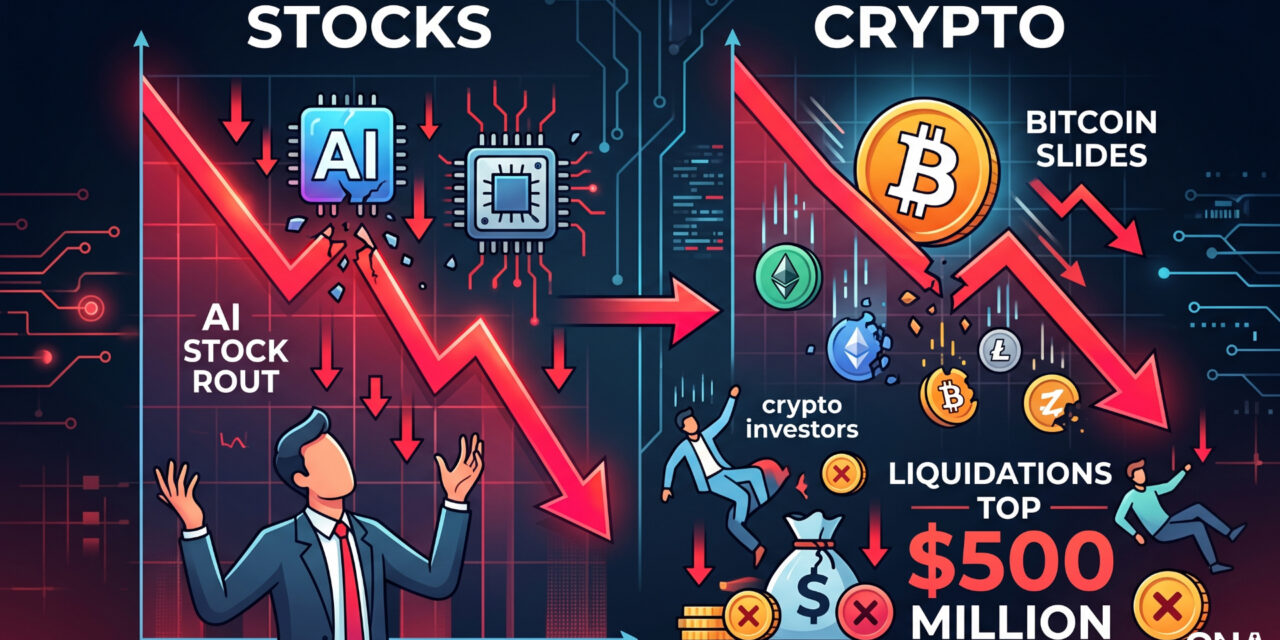 AI Stock Rout Spills Into Crypto as Bitcoin Slides and Liquidations Top $500 Million