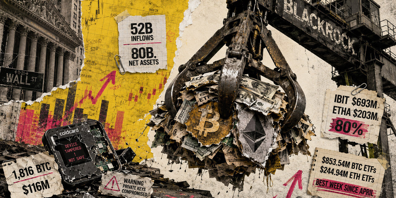Bitcoin and Ethereum ETFs break $1B in their best week since April and BlackRock brought in 80% of the cash