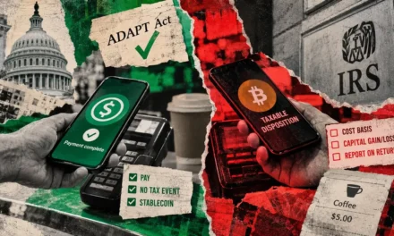 Senate tax bill frees stablecoin spending while Bitcoin stays on IRS forms